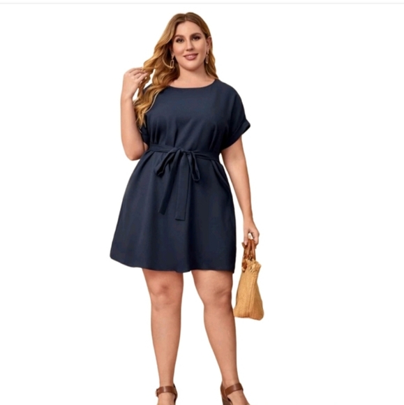 Emery Rose Dresses & Skirts - Plus Size Navy Blue Roll Up Short Sleeve Belted Dress